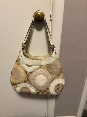 Coach Beige Cream Signature Circle Patchwork Hobo Bag